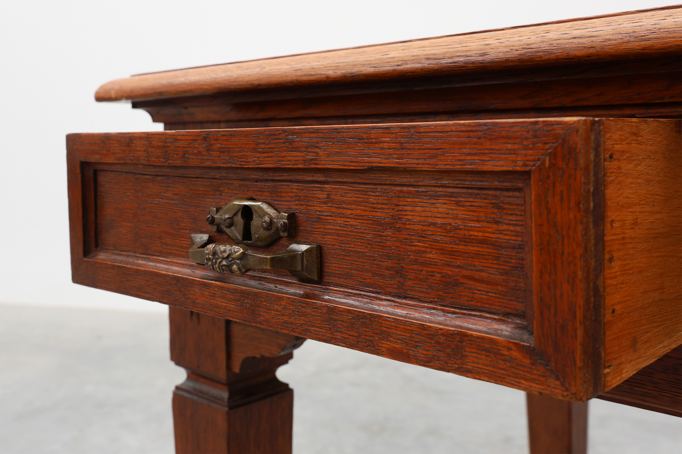 Art Deco carved oak Desk or Table with copper details, Belgium 1920sthumbnail